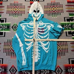 LRG Dead Serious Skeleton Hoodie Mens 2XL Blue Teal Full Zip Vtg Y2K Hip Hop C7