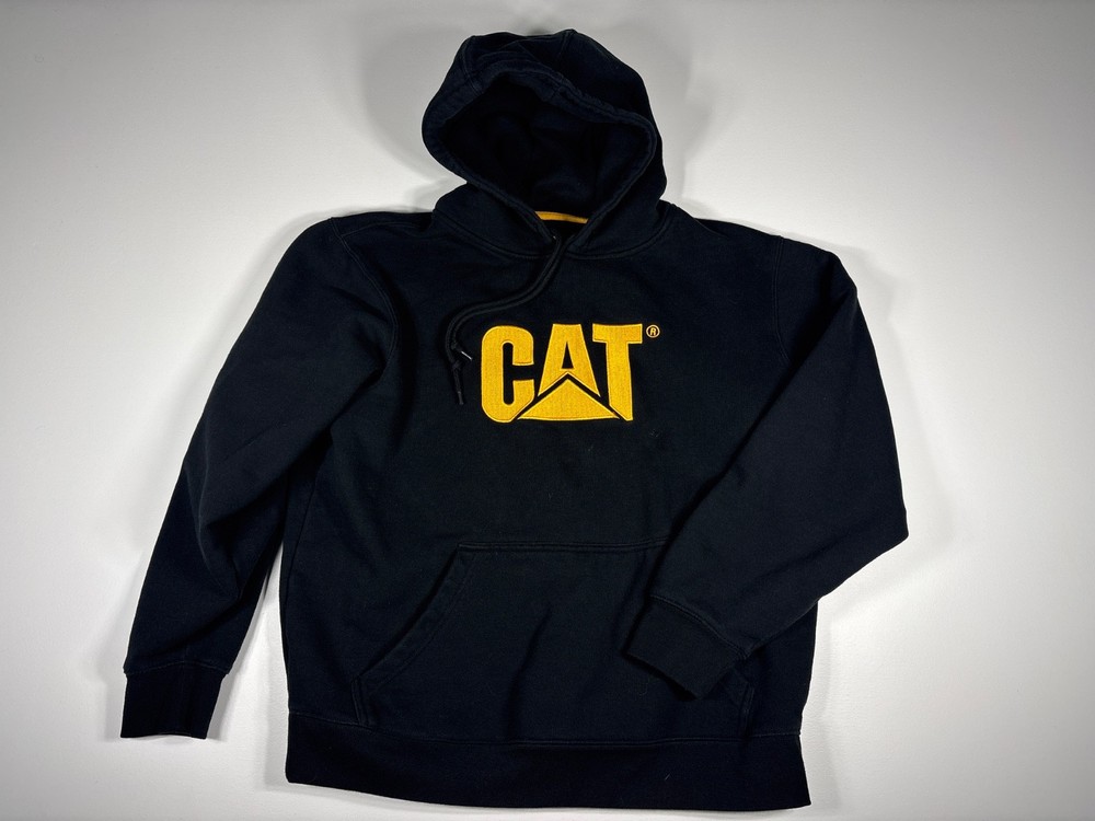 CAT Pullover Hoodie Men L Black Logo Workwear Kangaroo Pocket Heavyweight Durabl