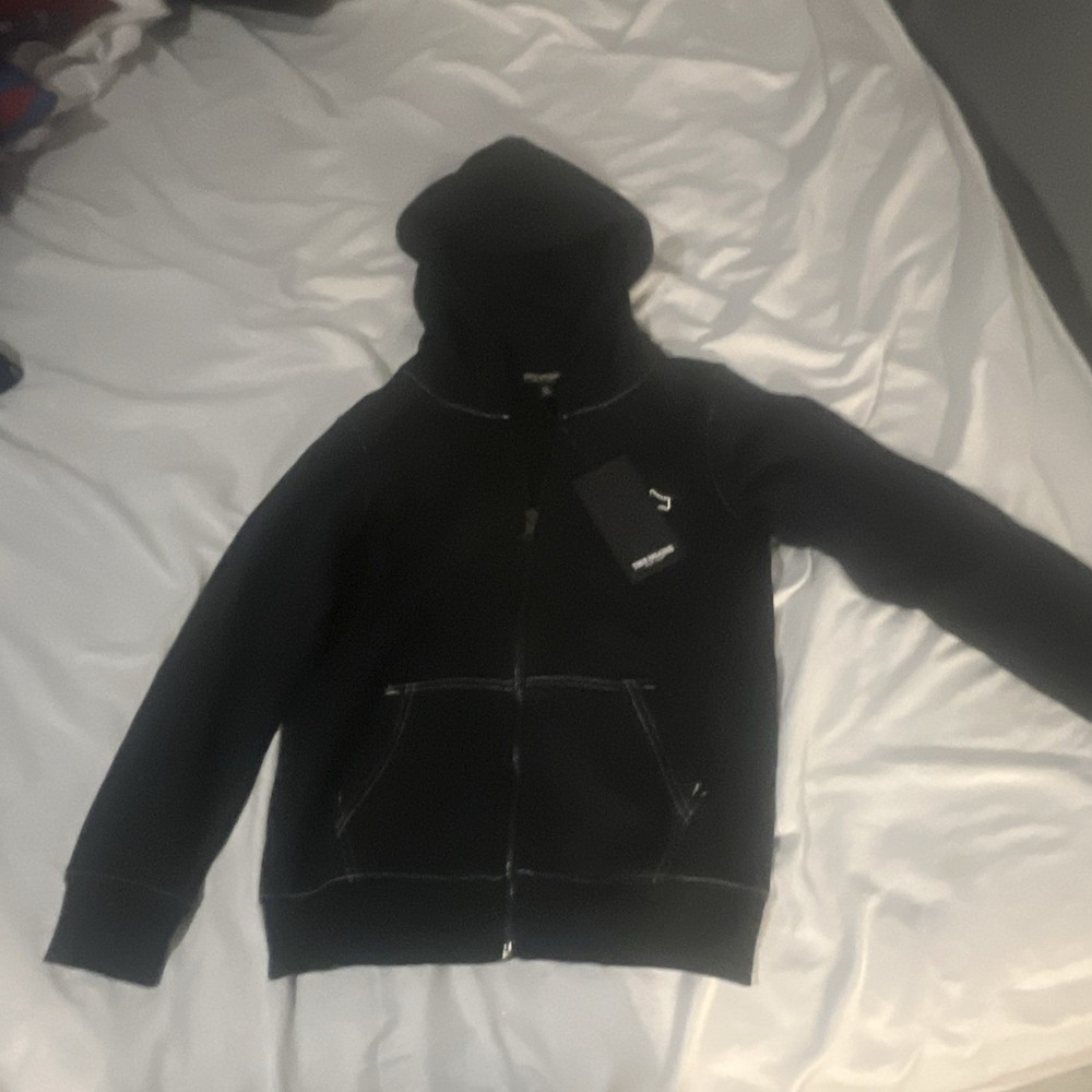 True Religion Black Full Zip Hoodie M Regular Teens Graphic Logo Fleece Pockets