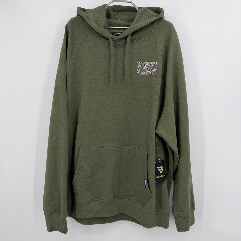 BURLEBO Men’s Midweight Fleece Hoodie Sweatshirt XL Olive Green Hunting Deer