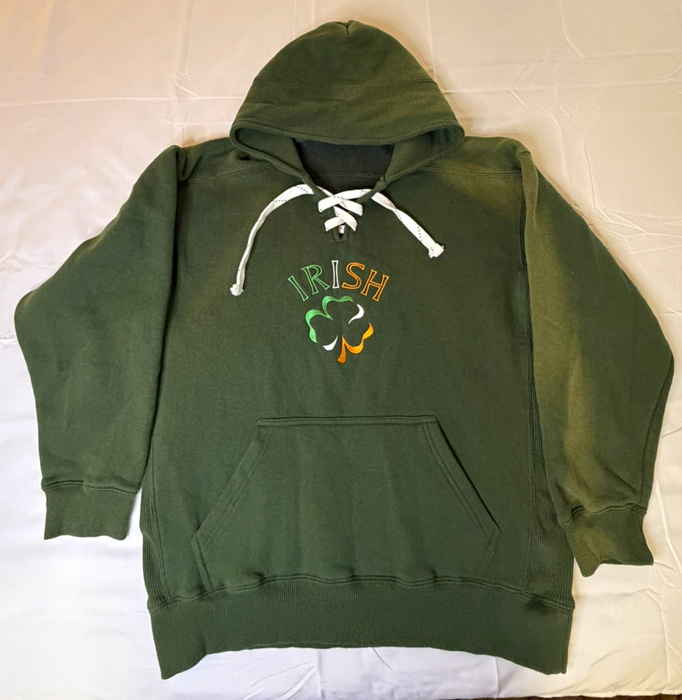 All America Men’s Green Pullover Hoodie L Fleece Irish Embroidered Logo Pockets