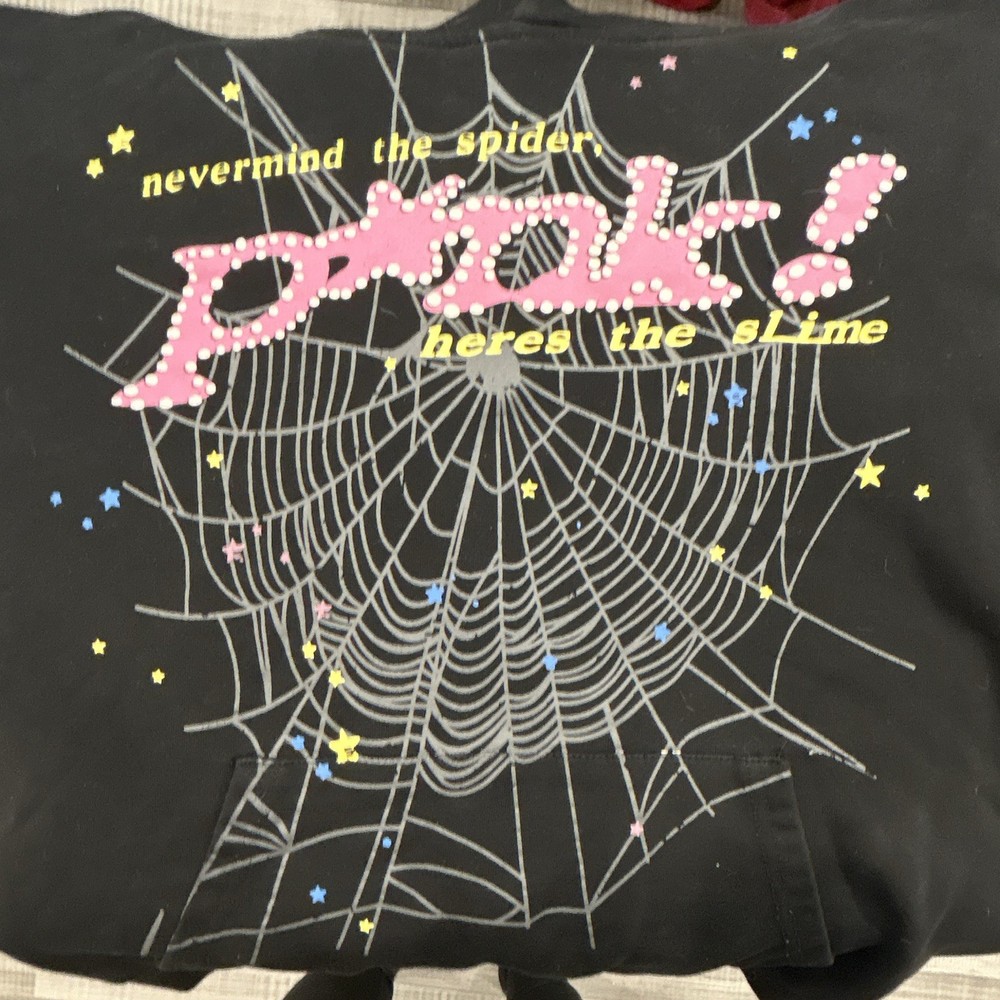 sp5der Black Pullover Hoodie Spider Web Graphic Print Logo Hooded Pockets Unisex