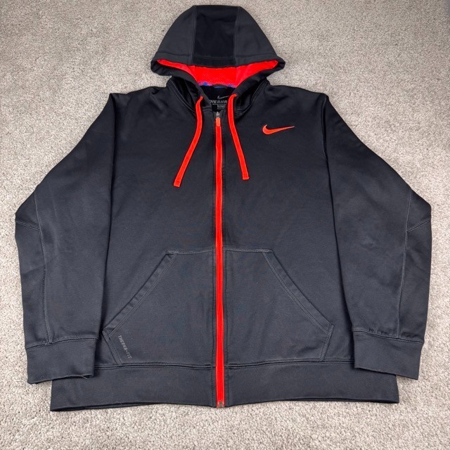 Nike Hoodie Mens Large Black Red Therma Fit Sweatshirt Full Zip Up Performance