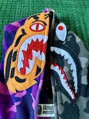 BAPE Split Camo Tiger Shark Full Zip Hoodie Purple Green Size M Broken Zipper