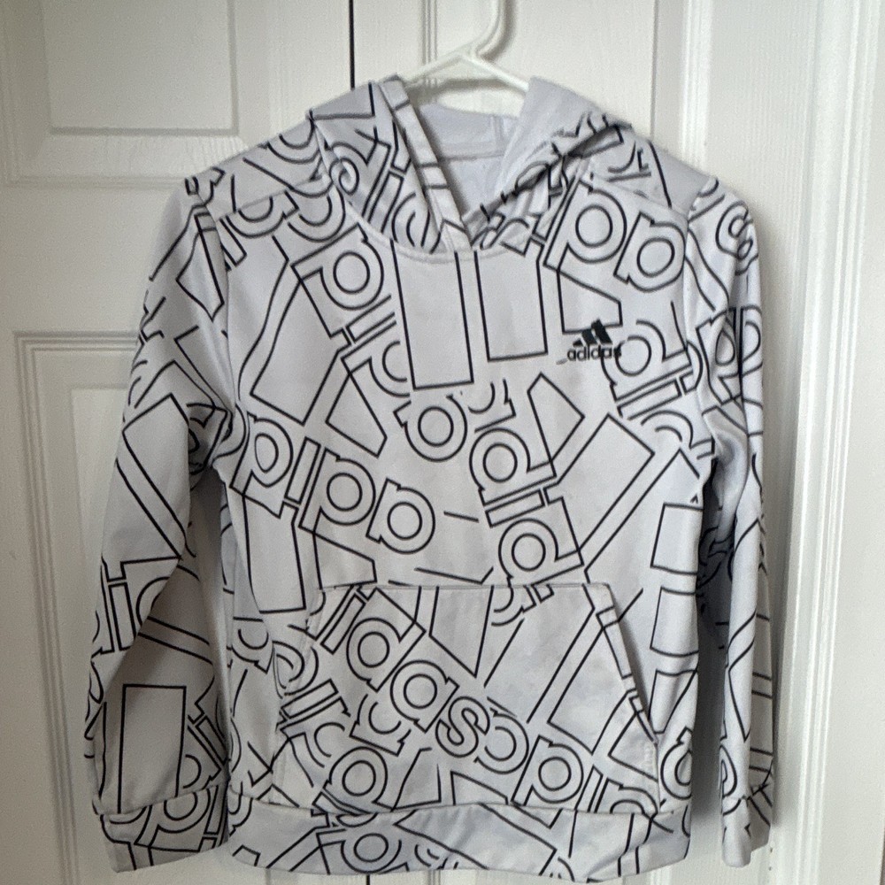 adidas Teens S White/Black Geometric Pullover Hoodie Drawstring Pockets Fleece
