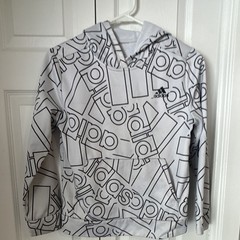 adidas Teens S White/Black Geometric Pullover Hoodie Drawstring Pockets Fleece