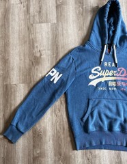 Superdry Japan Logo Hoodie Blue Graphic Pullover Sweatshirt Large