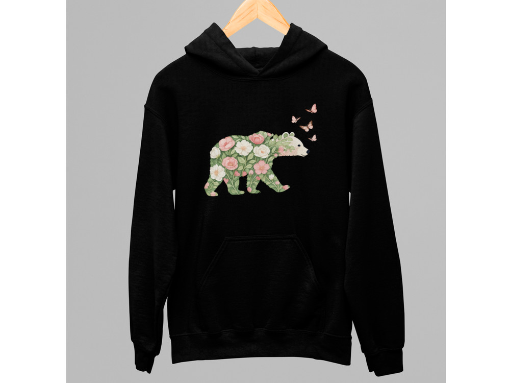 Floral Bear Hoodie Unisex Black Pullover Sweatshirt Nature Animal Graphic Gift