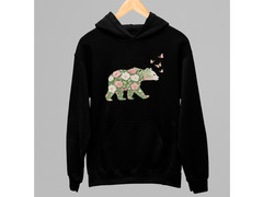 Floral Bear Hoodie Unisex Black Pullover Sweatshirt Nature Animal Graphic Gift