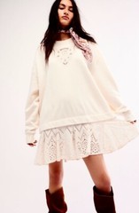 Free People Prairie Sweatshirt Tunic Dress Eyelet Lace Swing Hem Ivory S NEW