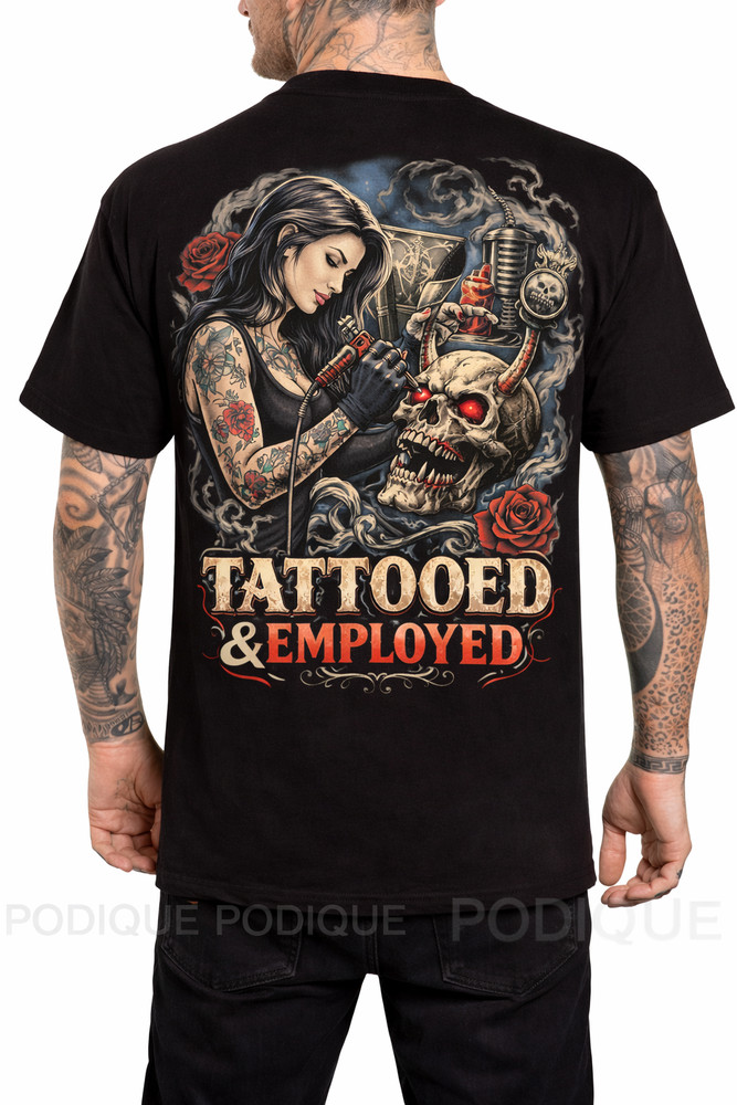 Tattooed Employed Skull Tattoo Artist T-Shirt Mens Graphic Gothic Tee Gift