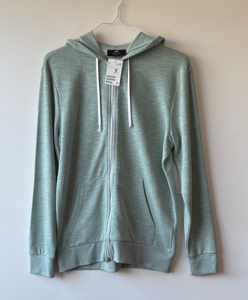 H&M Mens Zip Up Hoodie Hooded Jacket Sage Green Lightweight 2 Pockets Size Small