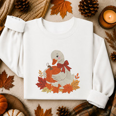 Fall Goose Sweatshirt Embroidered Adult Unisex Cozy Pumpkin Autumn Leaves Gift