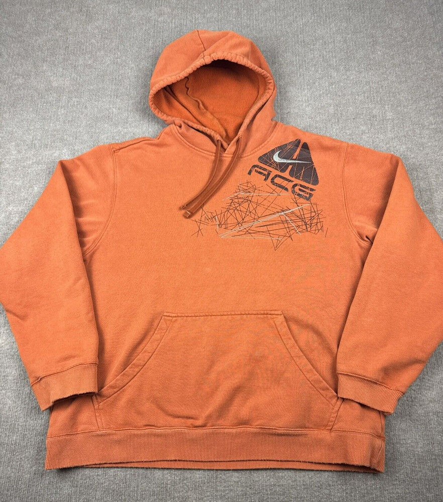 Vintage Nike ACG Hoodie Mens Medium Orange Performance Chest Logo Sweatshirt Y2K