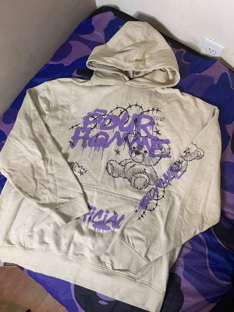 Beige & Purple Teddy Bear Graphic Pullover Hoodie M Cotton Crew Neck Pockets
