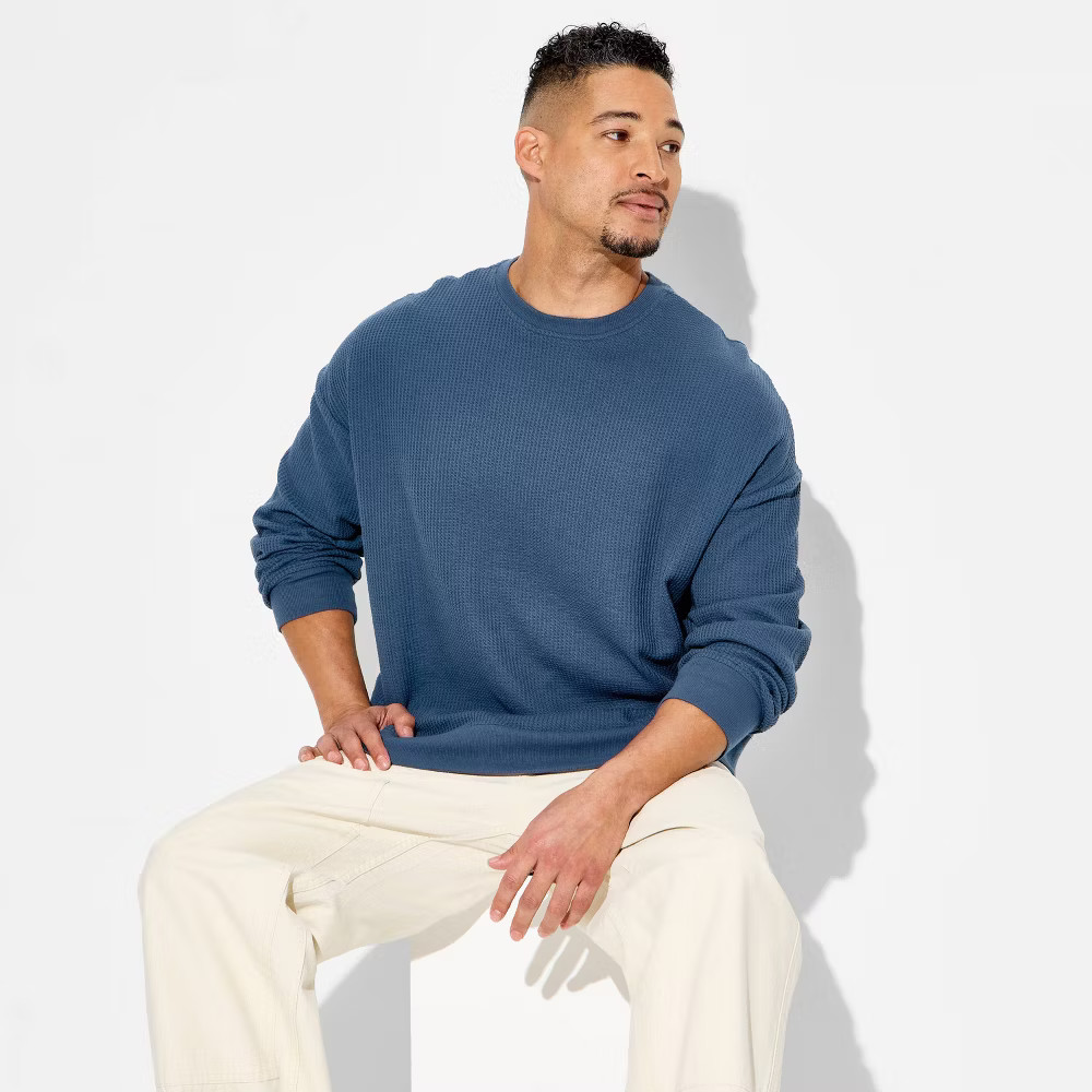 Men Waffle Crewneck Pullover Sweatshirt – Original Use Blue M