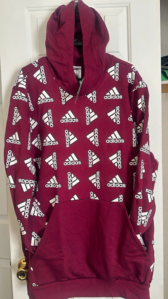 adidas Men’s Burgundy Logo Graphic Print Pullover Hoodie Fleece Size L