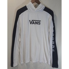 Vans Mens Long Sleeve Hooded T-Shirt White Black Colorblock Graphic Logo Size M