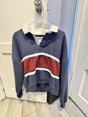 D&F Men’s Colorblock Collared Pullover Sweatshirt Long Sleeve Blue Red M