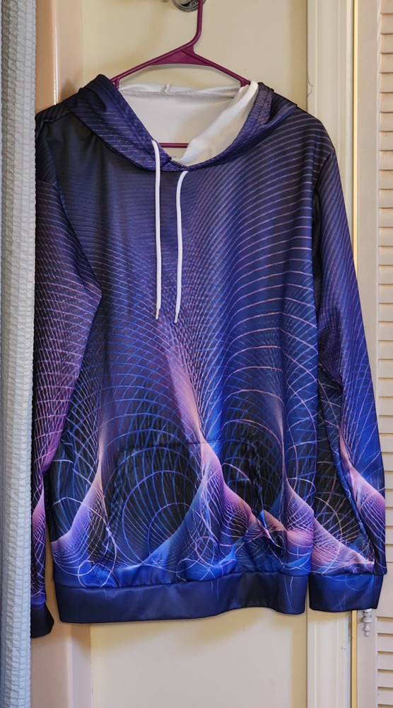 Men’s Blue Purple Black Geometric Graphic Print Pullover Hoodie L Polyester