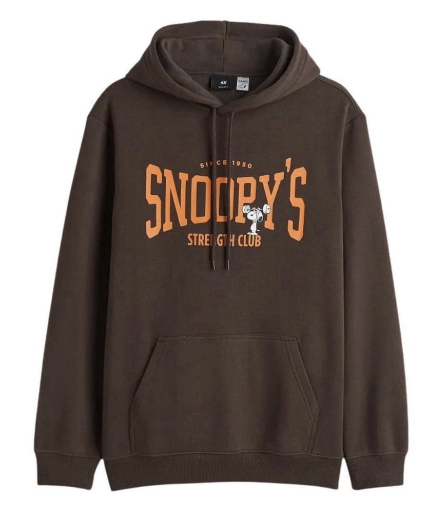 H&M Peanuts Snoopy Hoodie Brown Adult LARGE Mens Gym Strength Club Weights Gift