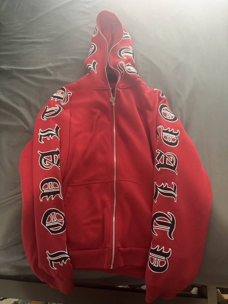 Black Squad Red Gothic Letter Full Zip Mask Hoodie Men’s Large Y2K Streetwear