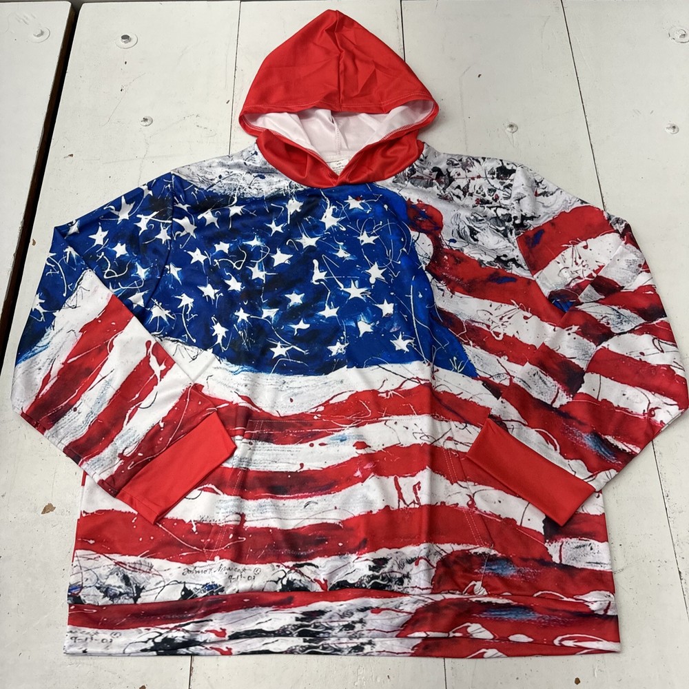 American Flag Print Red White Blue Hooded Long Sleeve Pullover Adult Size XL