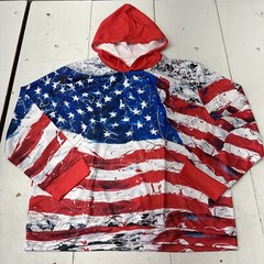 American Flag Print Red White Blue Hooded Long Sleeve Pullover Adult Size XL