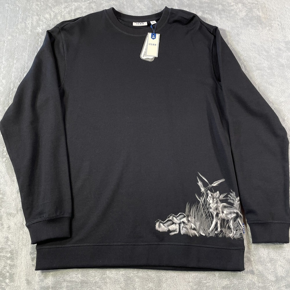 ROWM Sweatshirt Mens Size Large Black Fox Print Minimalist Modern Preppy Luxury