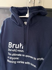 Navy Blue Fleece Pullover Hoodie Size LARGE Graphic BRUH Gildan Heavy Blend