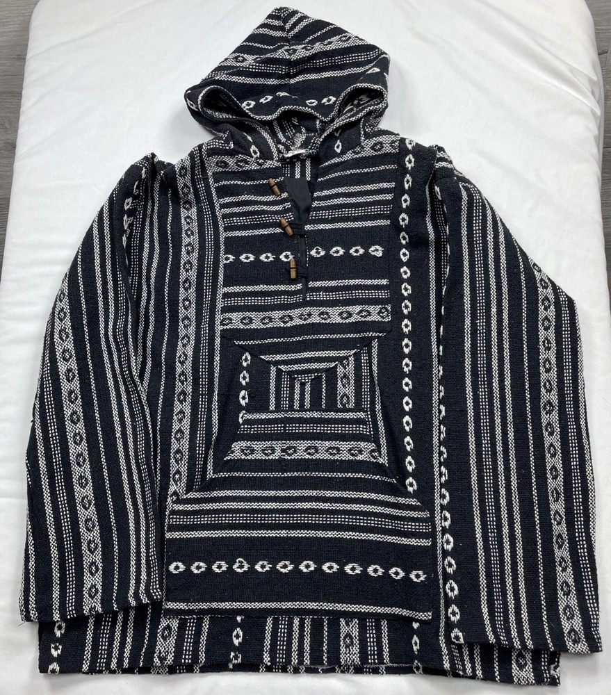 Baja Mexican Aztec Striped Hoodie Mens Small Black/White KangarooPocket Preowned