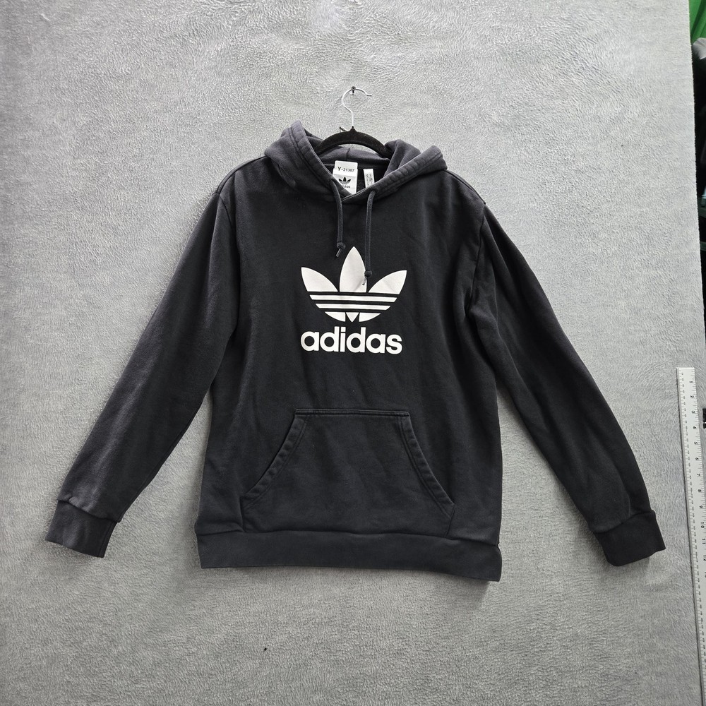 Adidas Men Hoodie M Black Trefoil Activewear Logo Drawstring Long Sleeve