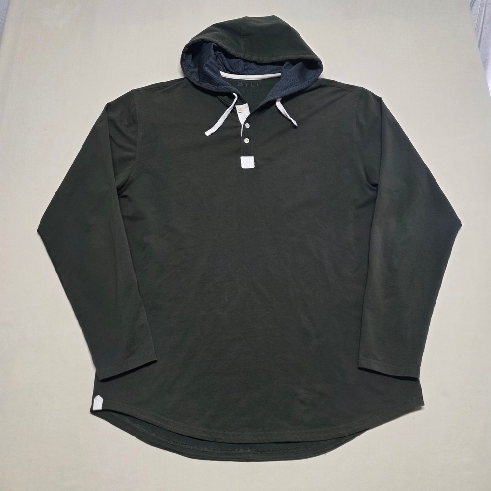 BYLT Premium Basics Mens XL Dk Green Drop Cut Long Sleeve Hooded Henley LUX