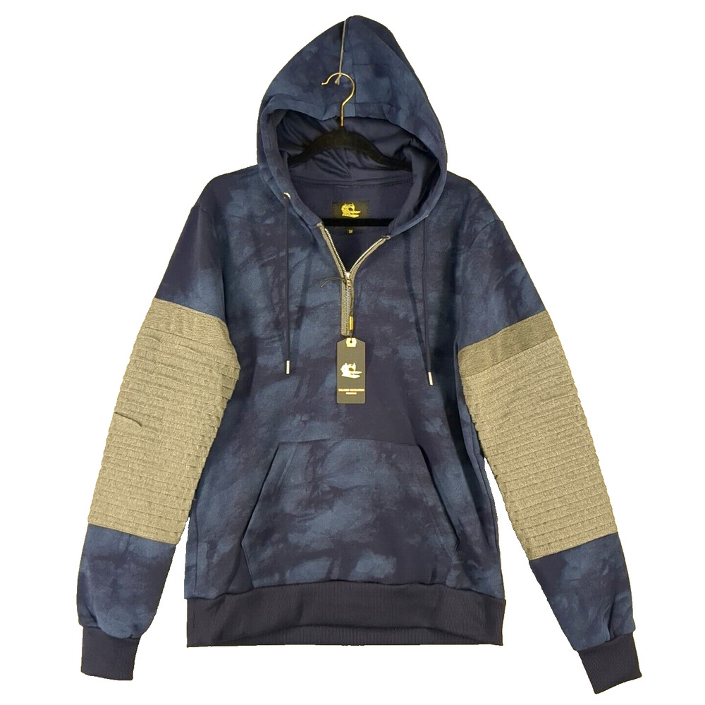 NWT $69 TAILORED RECREATION Fleece Tie Dye Hoodie MEDIUM Pleated Sleeve Blue