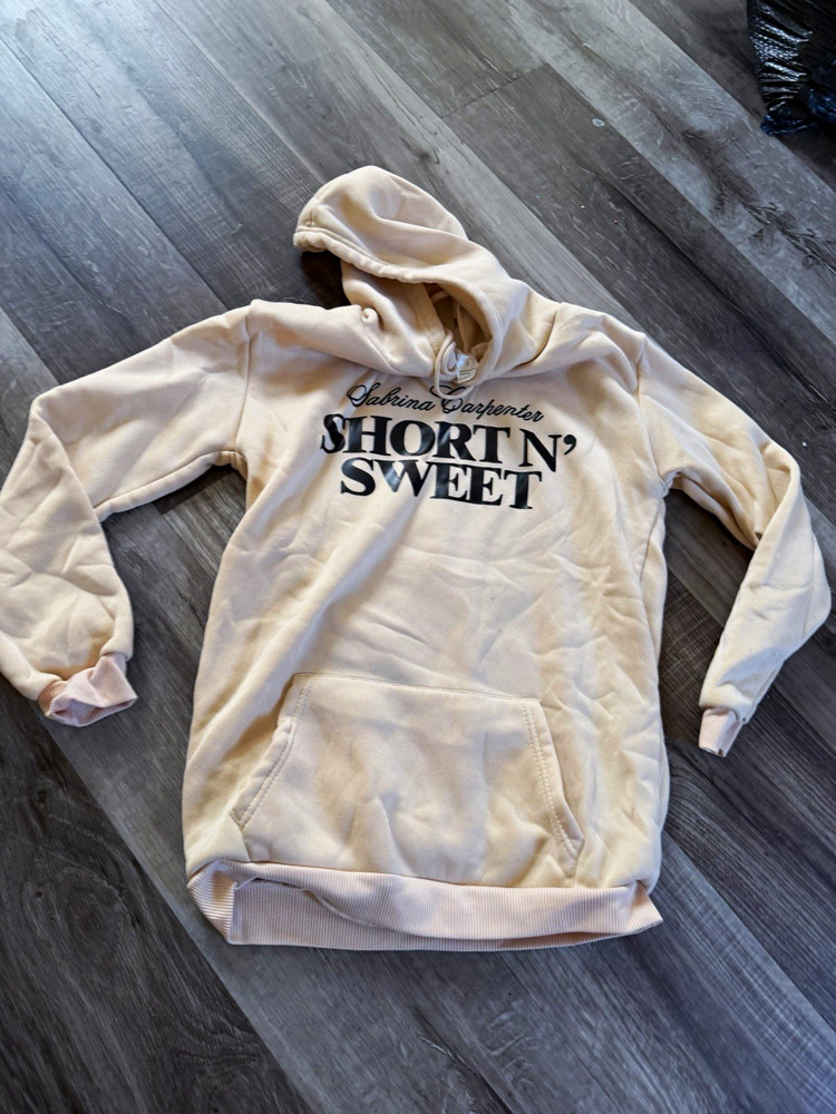 Sabrina Carpenter Short N’ Sweet Beige Pullover Hoodie Graphic Print Pockets S