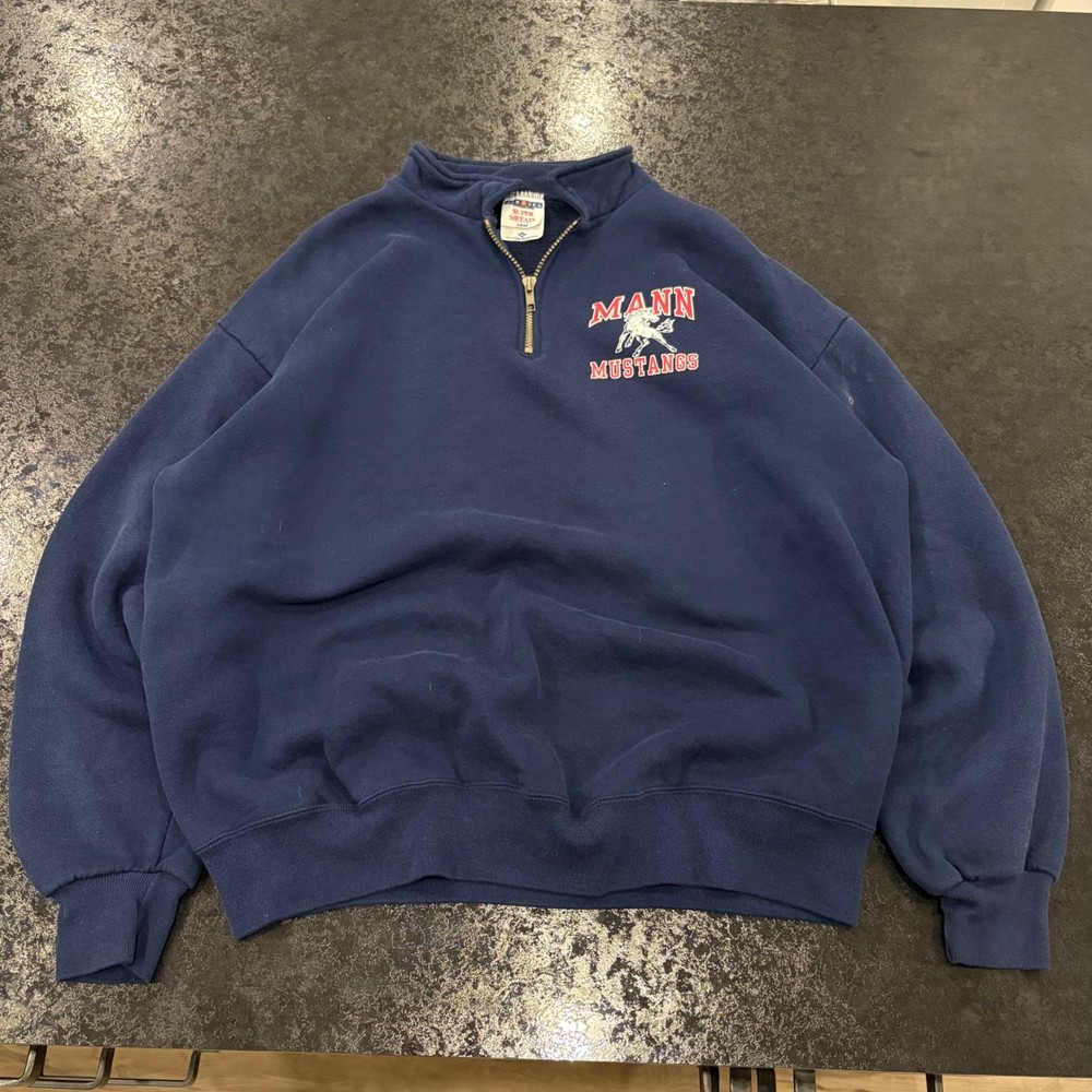 Vintage Jerzees Super Sweats Quarter Zip Mann Mustangs Navy Blue Sweatshirt XL