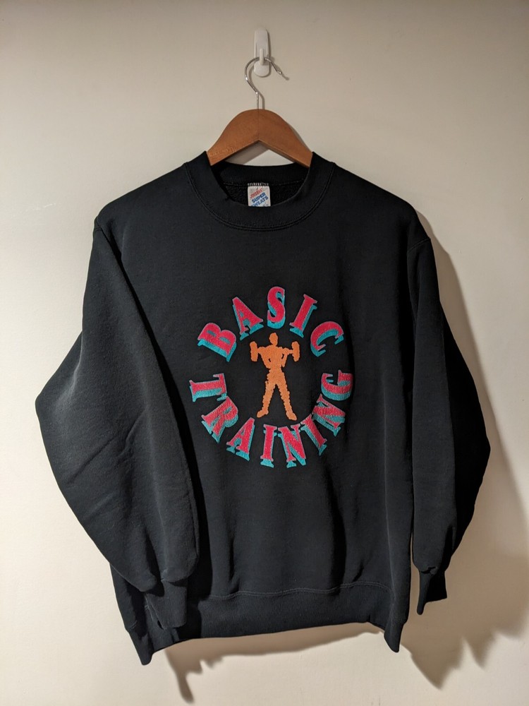 Vintage 90s Basic Training Gym Weightlifting Black Large Sweatshirt