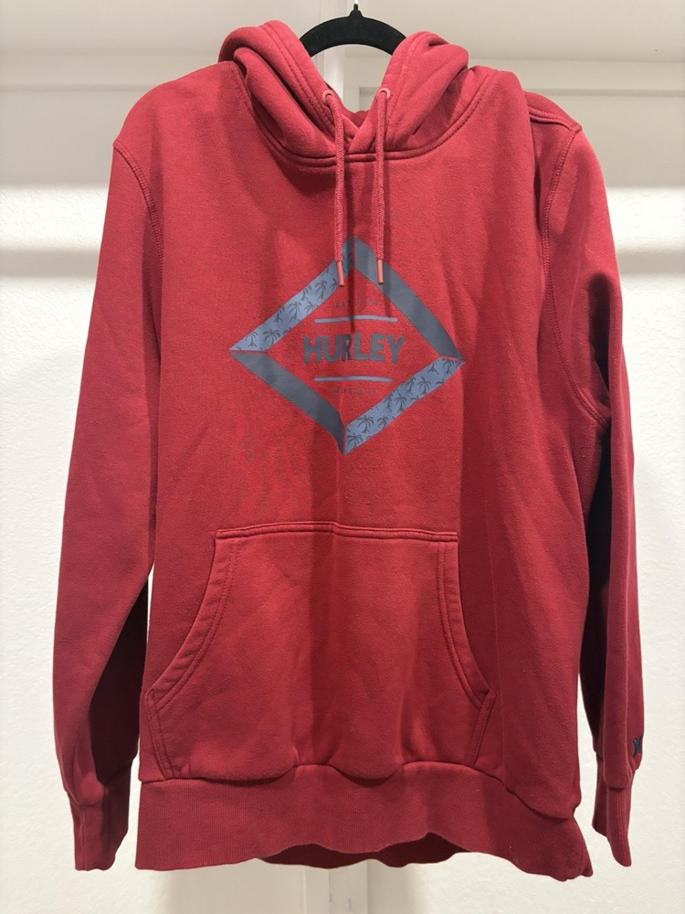Hurley Mens Sz L Red Maroon Hoodie Sweatshirt Fleece Pullover Surf Y2K Graphic