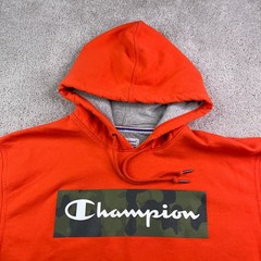 Champion Hoodie Mens Large Orange Camo Box Logo Pullover Athletic Sweatshirt