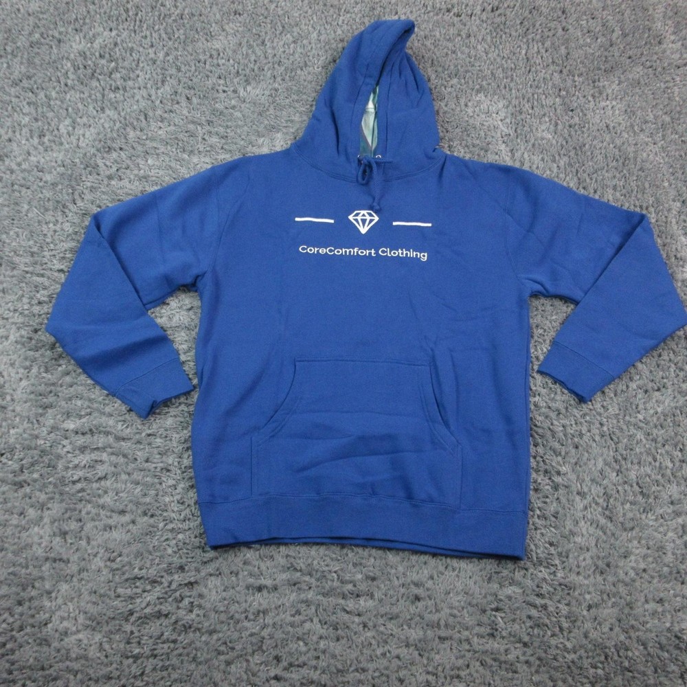 CoreComfort Clothing Hoodie Mens Large Blue Pullover Graphic Logo Sweatshirt