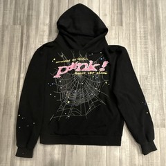 sp5der Black Pullover Hoodie Spider Web Graphic Print Logo Hooded Pockets Unisex