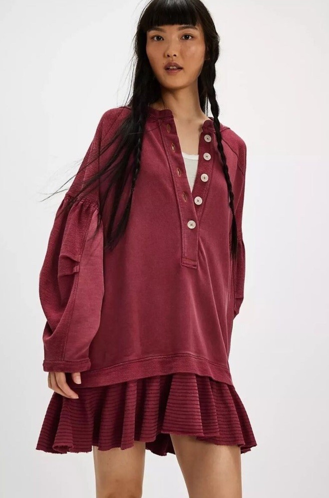 Free People Zander Mini Dress Sweatshirt Ruffle Hem Slouchy Red Bark S NEW