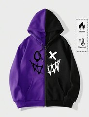 Men’s Two Tone Graphic Zip Hoodie Drawstring Casual Streetwear Sweatshirt