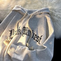 Men Korean Letter Print Plush Thick Hooded Loose Sweatshirt Hoodie Tops