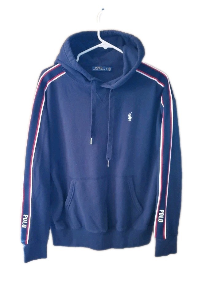 Polo Ralph Lauren Navy Hoodie Red/White/Blue Stripes Down Sleeves Size S