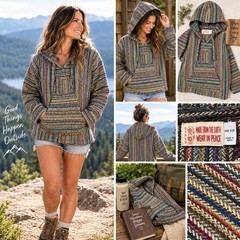 Gypsy Baja Hoodie One Size Multicolor Woven Drug Rug Hippie Boho Pullover Nepal