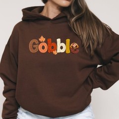Thanksgiving Turkey Hoodie with Faux Yarn ‘Gobble’ Design Gift (Not Embroidered)