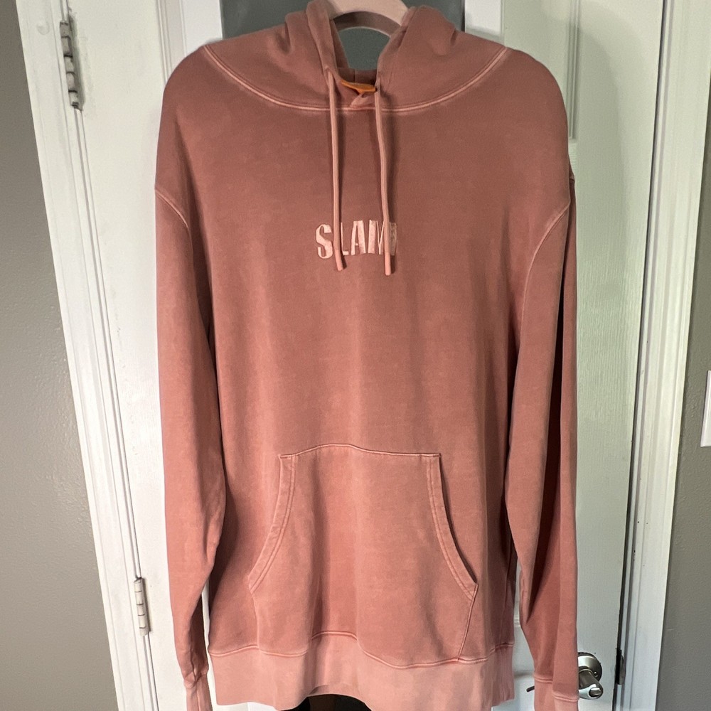 SLAM Men’s Pink Pullover Hoodie Drawstring Logo Pocket Long Sleeve Size XL