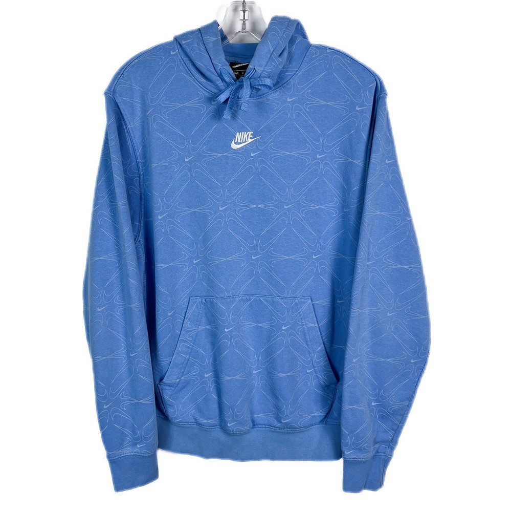 Y2K Nike All Over Print Swoosh Logo Hoodie Blue Pullover Sweatshirt Mens Medium