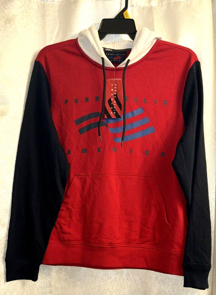 Perry Ellis America Hoodie Red White Navy Blue Pullower Mens Size L NWT